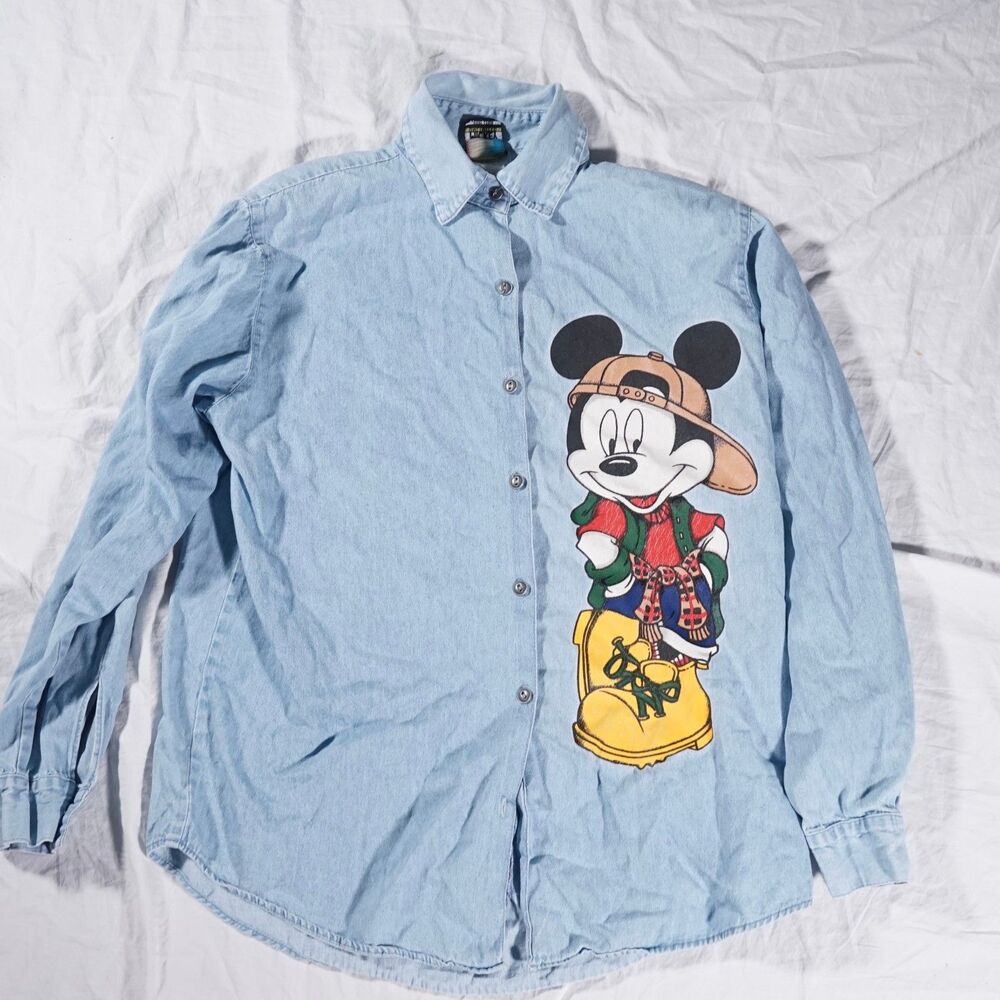 Mickey Unlimited Button Up Denim Shirt Graphic Vintage 90s Womens Small